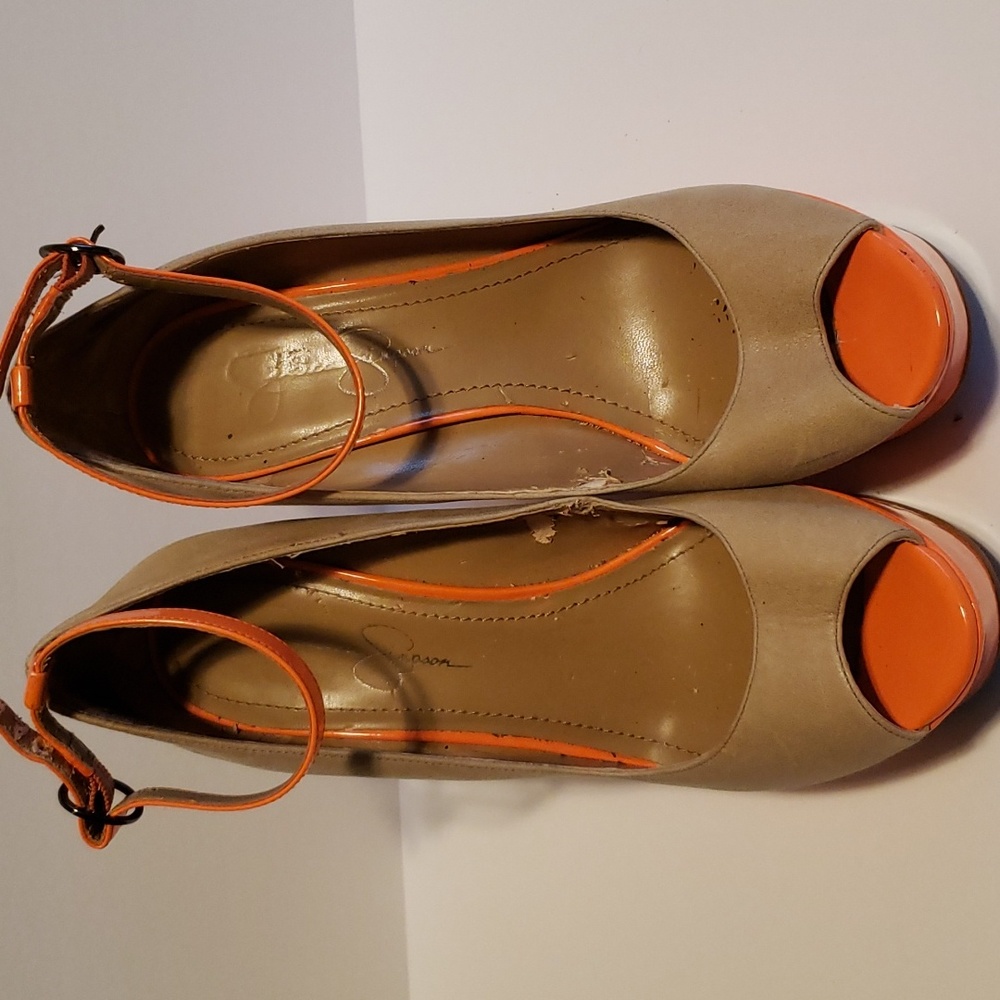 Jessica Simpson Tan with orange accent wedge sandals.
